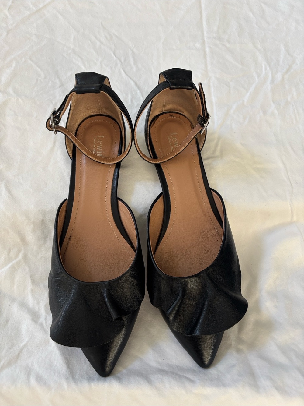 Lewit Black Leather Ruffle Pointed-Toe Ankle-Strap Flats